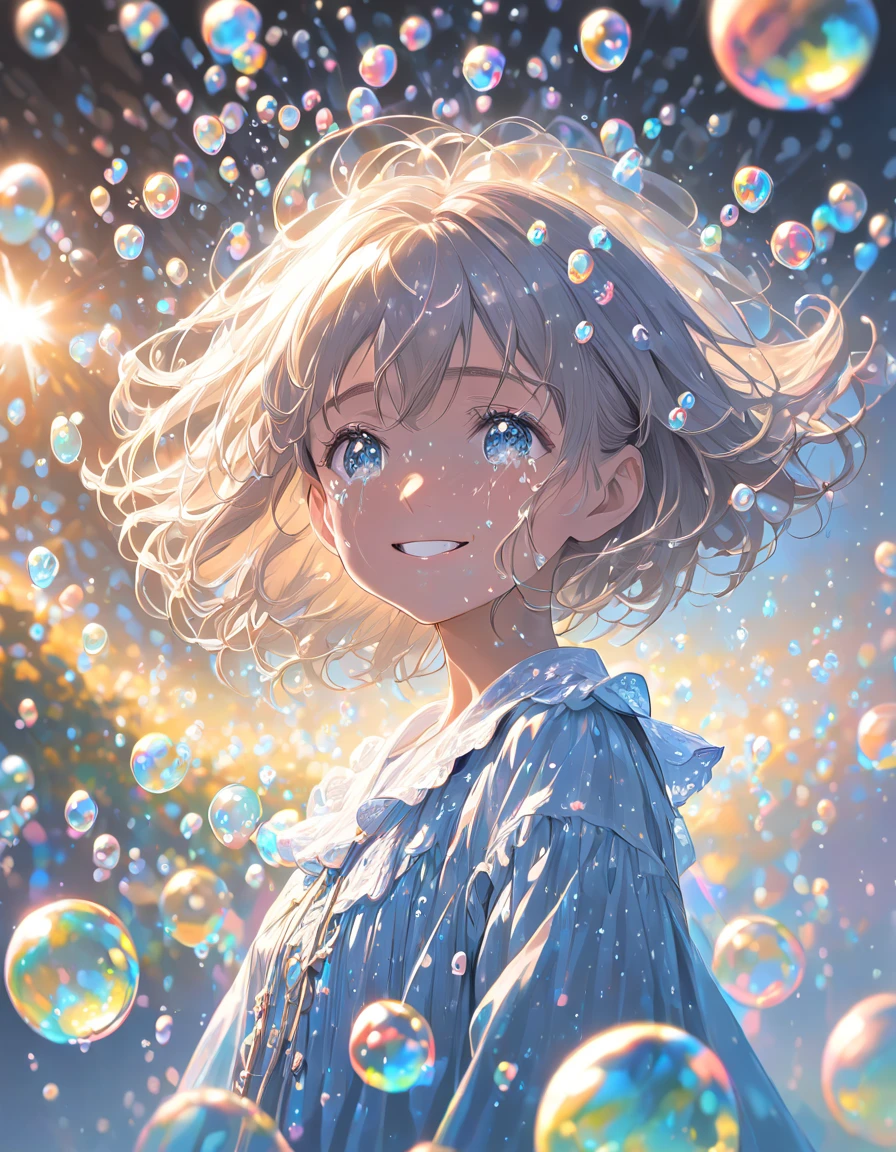 Countless soap bubbles,Girl with a tearful smile, crying,Upper body close-up, dynamic angle,Gentle Light