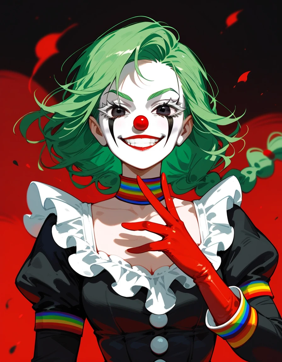 girl,black-green hair,Long hair, Short Braided Hair , in black eyes,White eyelashes,Red Teeth ,Black Clown Dress , wear gloves, Medium Bust,smile, villains,