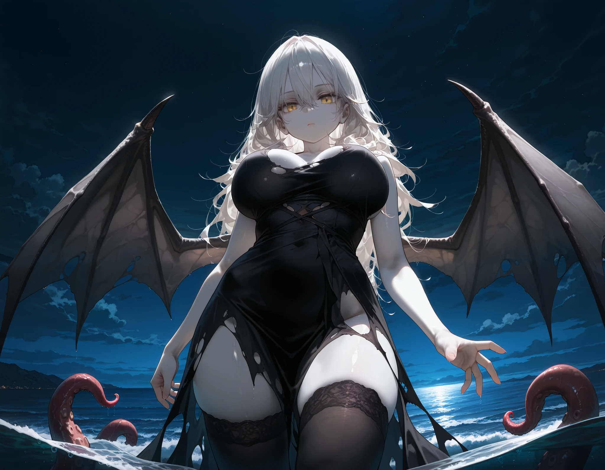 1girl, solo, large breasts, looking at viewer, yellow eyes, white hair, long hair, messy hair, outdoors, (pale skin:1.4), night, thighhighs, standing, expressionless, black dress, ocean, torn clothes, hair between eyes, open hand, (Dark:1.4), tentacles, tentacle clothes, demon wings, grey wings, from below, masterpiece, best quality, amazing quality, very aesthetic, absurdres, newest,