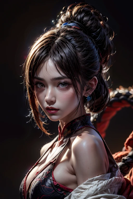 1girl, beautiful girl,Perfect body half,(face focus:2), (side face:1), (short black hair,chin length hairstyle) , (red color eyes, realistic eyes,beautiful and big eyes) long dress black and red color, (black background, red stage) 8k, high quilty, realistic, canon 1:1, 50 mm size, 3d, beautiful realistic، Cool details, raw photo, selfie, realistic dress, realistic hair, Light and cool lighting, photo realistic, Cel shaded, Gel lighting, ultra details