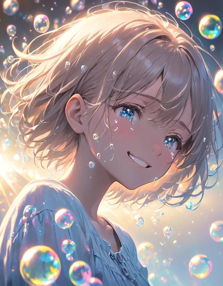 Countless soap bubbles,Girl with a tearful smile, crying,Upper body close-up, dynamic angle,Gentle Light