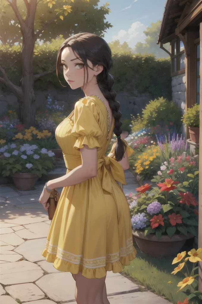 ( masterpiece , Best Quality ,Quality edge),out,garden,flores,Sunlight,big loot,Mirando al espectador, ffwendys,  twin braids ,  hair tie , woman in a yellow dress, 