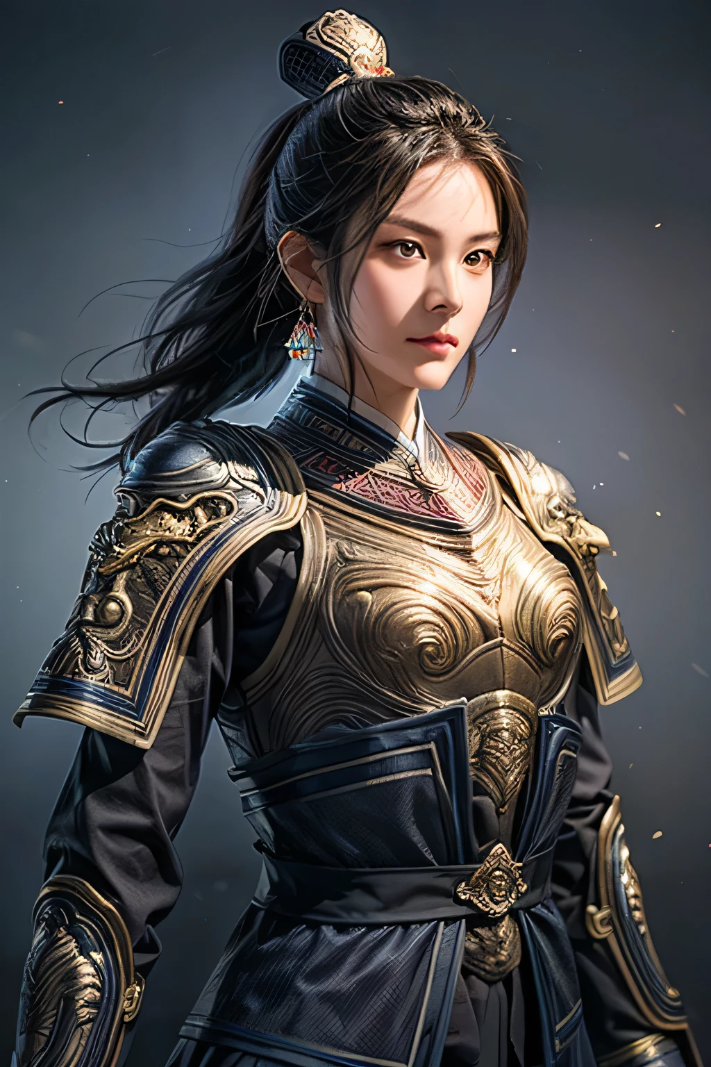 18 year old slim Chinese woman, slim middle aged woman,realistic,chinese_Armor,alone,Background of ancient chinese cities,detailed_eye,shoulder_Armor,(검은 eye),looking at viewer,(masterpiece:1.2), (best quality:1.2), perfect eye, perfect face, perfect lighting, (8K),(complete anatomy), Nee Shot