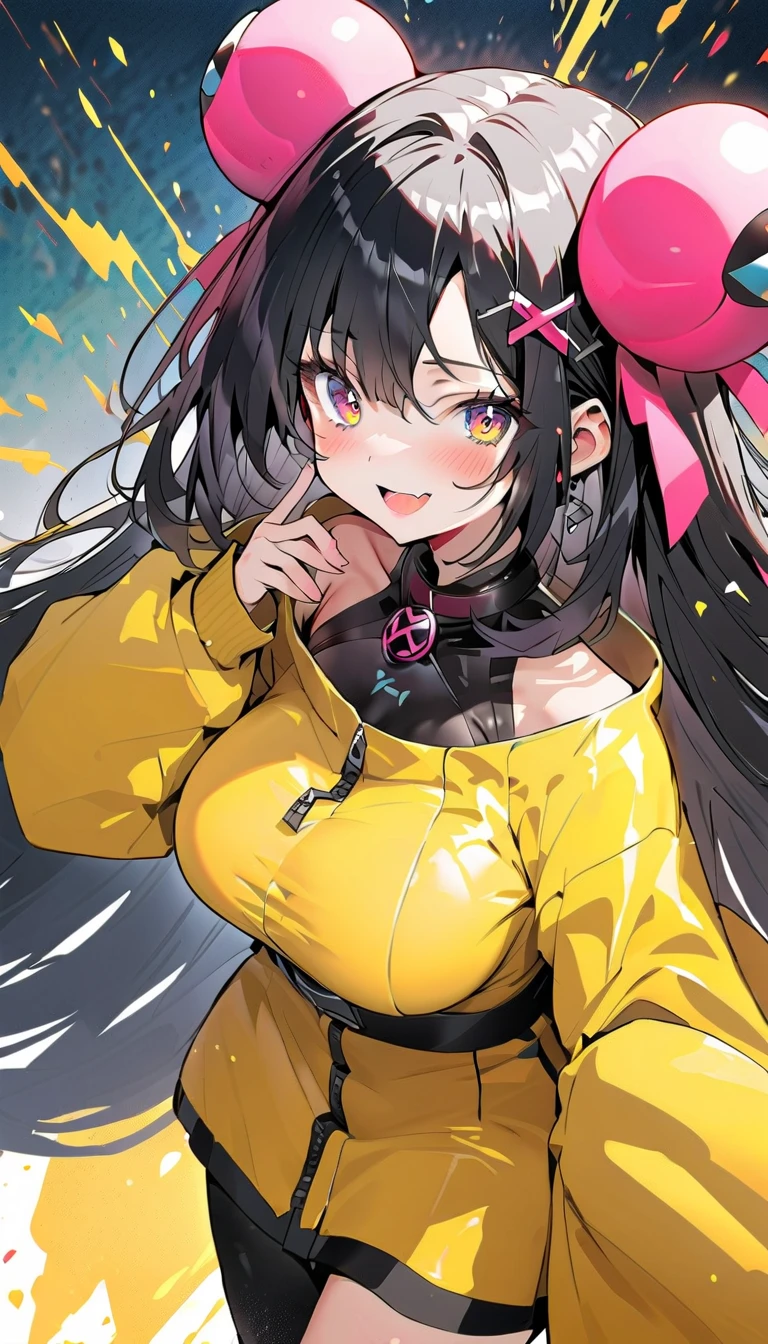 masterpiece,  best quality,  high definition ,  1 girl , ION 1, Long Hair,  yellow jacket,  Long Sleeve ,  hair ornament,Big Breasts,pubic hair