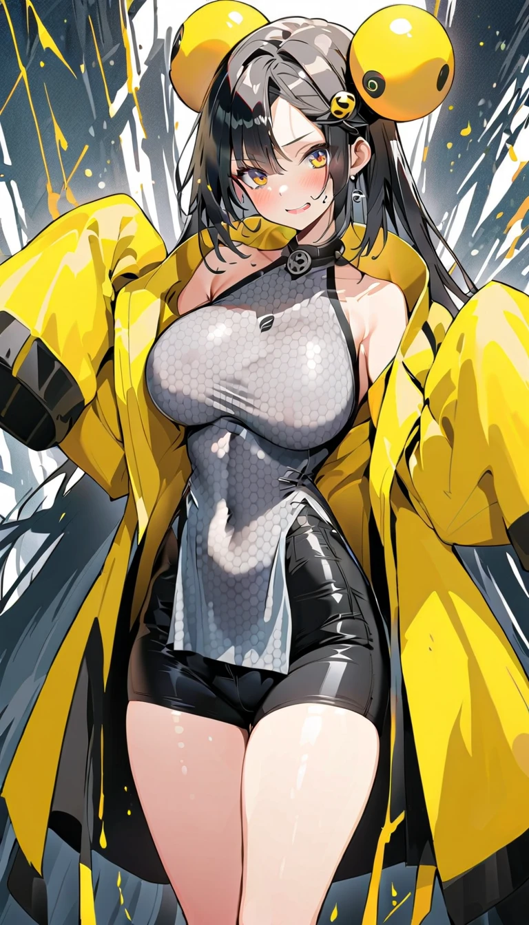 masterpiece,  best quality,  high definition ,  1 girl , ION 1, Long Hair,  yellow jacket,  Long Sleeve ,  hair ornament,Big Breasts,pubic hair