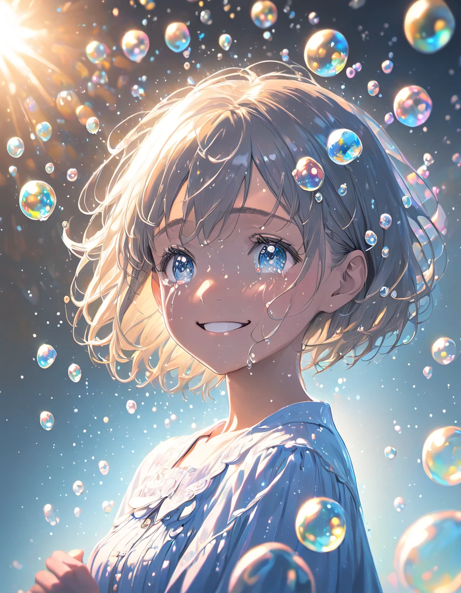 Countless soap bubbles,Girl with a tearful smile, crying,Upper body close-up, dynamic angle,Gentle Light