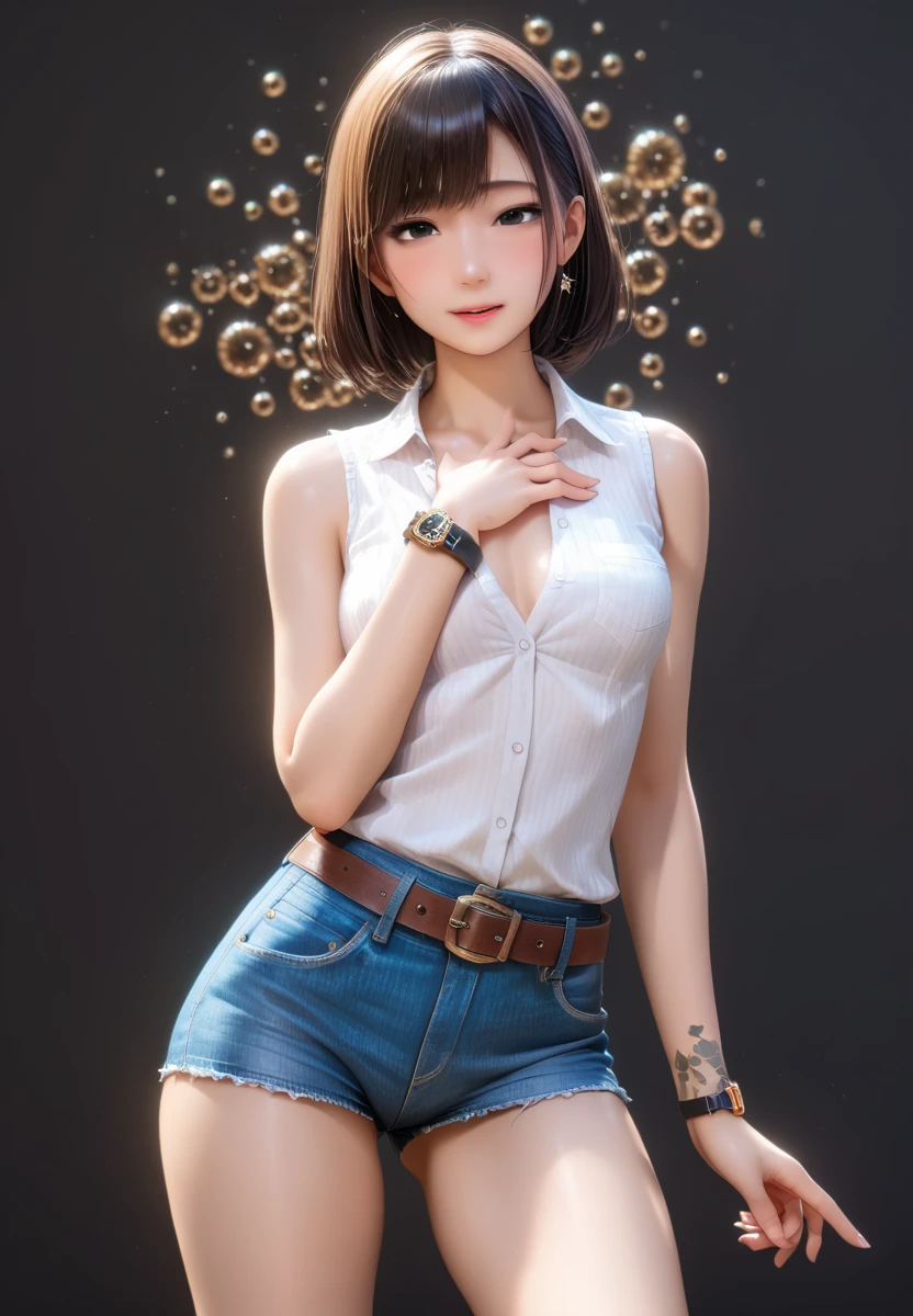  high resolution image ,  best quality , (A beautiful Korean girl is standing in a １Please describe a person ), ( open her mouth :0.6),(Drunk:1.2), super real skin,skinny body, small breasts,  shiny black hair ,((Big black eyes:1.2)),(( stares at viewers:1.0)),(( Unmanned White Background :1.5)),(( brown western belt:1.2)),((Watch on wrist:1.5)), 恥ずかしいそうなポーズで立っている,(( Cowboy Shots:1.8)),24K,(( place one hand on your chest:1.2)),((Denim Sleeveless Shirt :1.2)),(( denim hot pants :1.2))Expose the thighs ,Expose your arms,Attractive thighs,((Please describe the knee:1.5)),((Standing in an embarrassing pose with a wine glass in one hand 