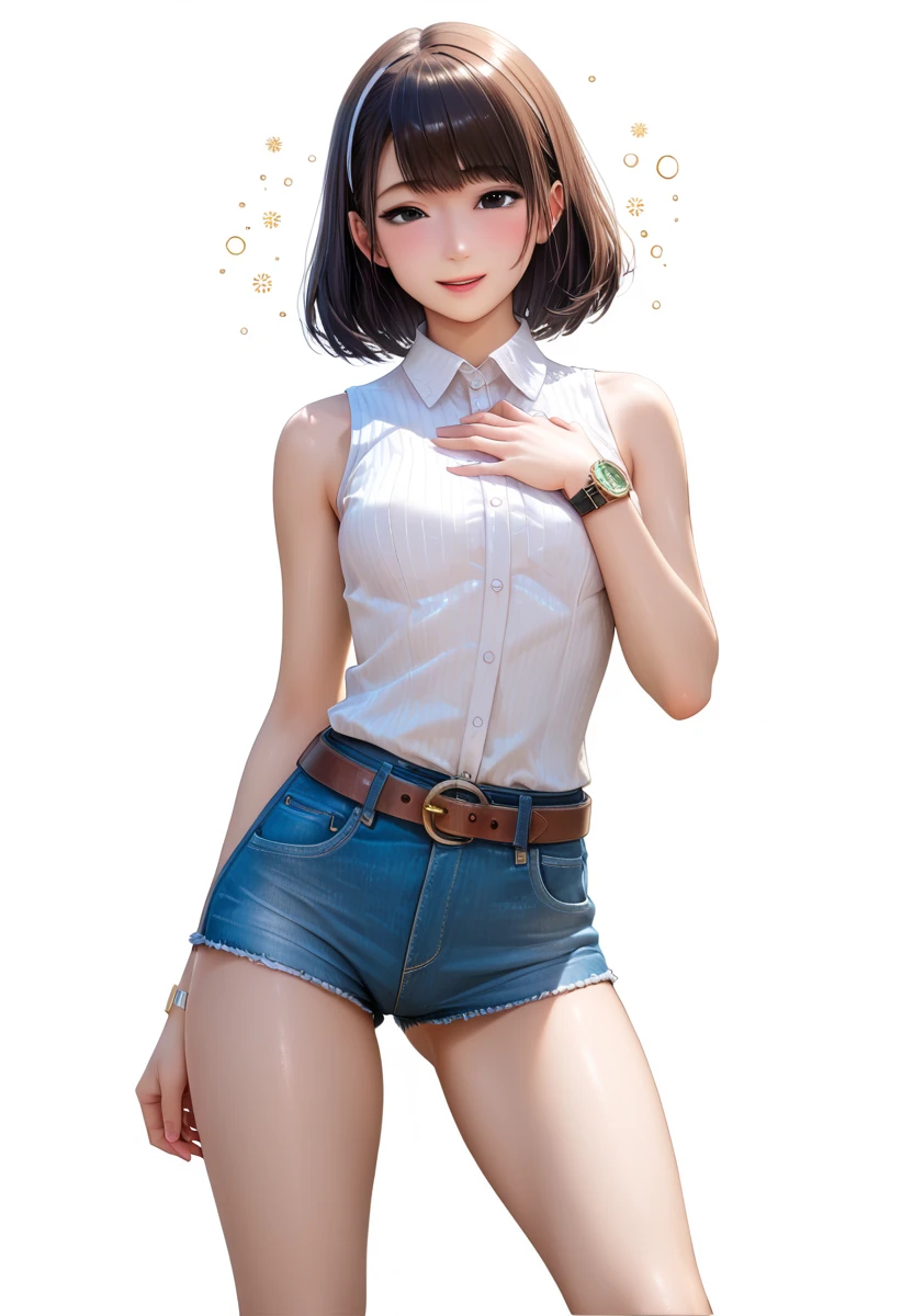  high resolution image ,  best quality , (A beautiful Korean girl is standing in a １Please describe a person ), ( open her mouth :0.6),(Drunk:1.2), super real skin,skinny body, small breasts,  shiny black hair ,((Big black eyes:1.2)),(( stares at viewers:1.0)),(( Unmanned White Background :1.5)),(( brown western belt:1.2)),((Watch on wrist:1.5)), 恥ずかしいそうなポーズで立っている,(( Cowboy Shots:1.8)),24K,(( place one hand on your chest:1.2)),((Denim Sleeveless Shirt :1.2)),(( denim hot pants :1.2))Expose the thighs ,Expose your arms,Attractive thighs,((Please describe the knee:1.5)),((Standing in an embarrassing pose with a wine glass in one hand 