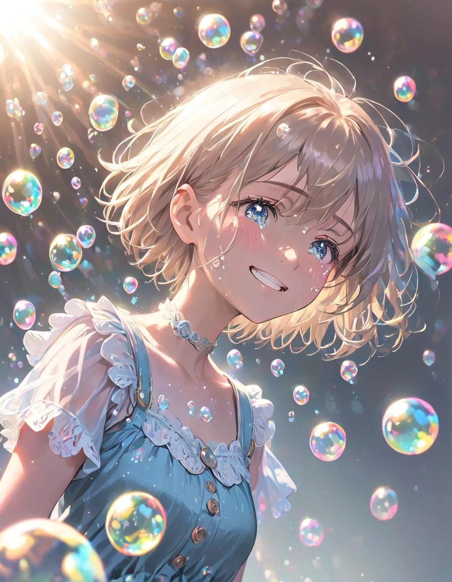 Countless soap bubbles,Girl with a tearful smile, crying,Upper body close-up, dynamic angle,Gentle Light