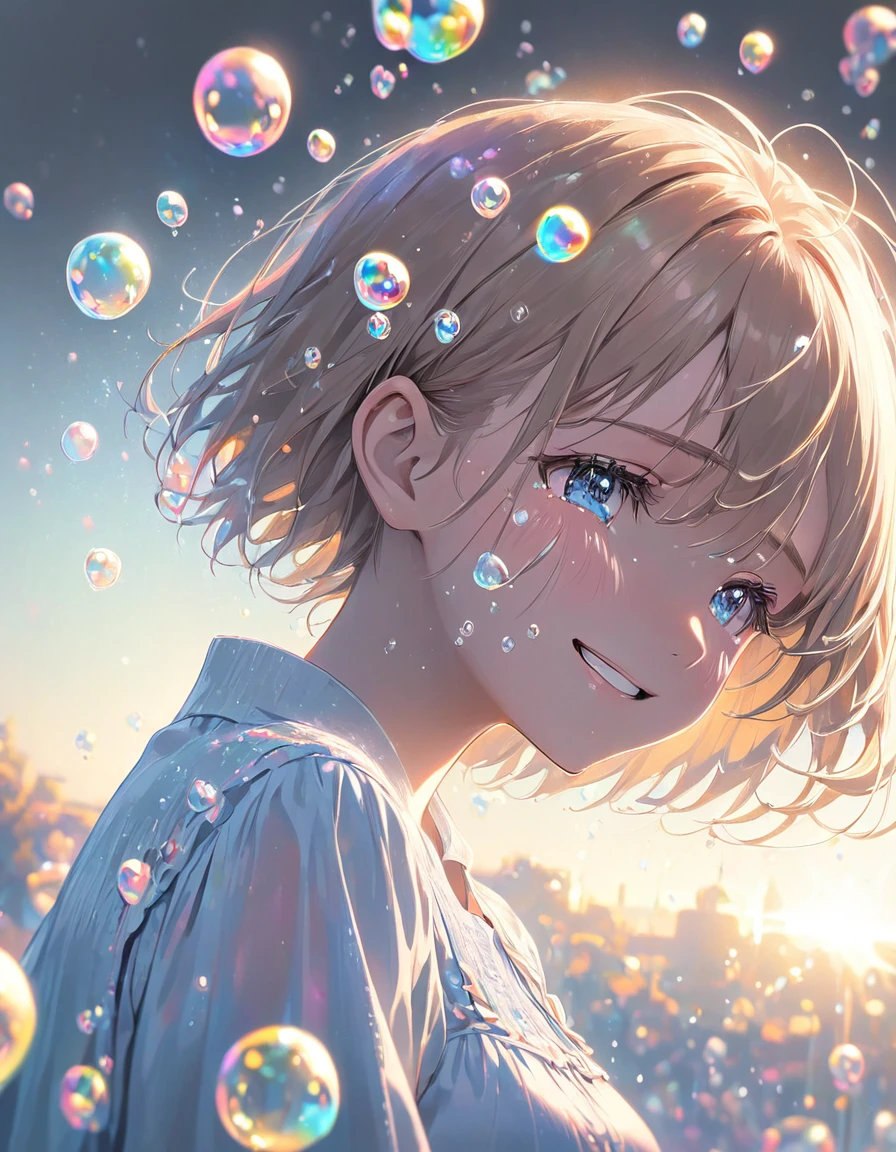 Countless soap bubbles,Girl with a tearful smile, crying,Upper body close-up, dynamic angle,Gentle Light