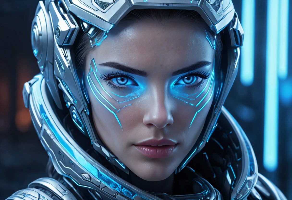 WOMAN&#39;S FACE powerful armor, sharp look,
Frost, calls, Perfect details, (The best quality, 4k,
High resolution, masterpiece:1.2), ultra detailed,
realistic:
1.37, HDR-10, Studio lighting, bright colors, (cyberpunk,
Futuristic) style, Ice Blue Color Scheme, dynamic lighting. MOD ULTRA FACE 8k laser eyes