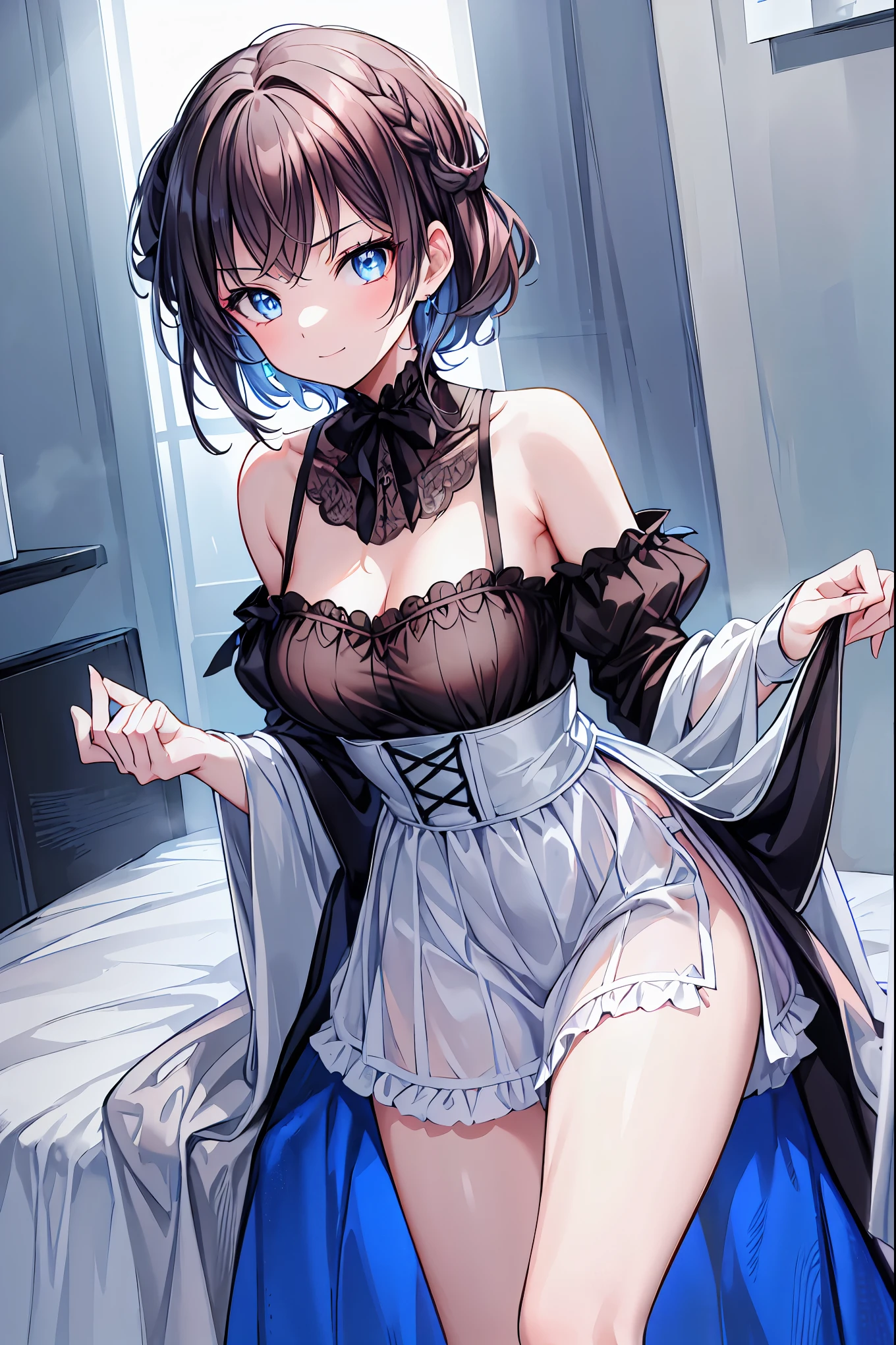 (masterpiece), Mature Woman,Maid clothes, Small breasts,Natural light, Realistic, Diffuse Light, skinny, vapor, (Please lift your skirt), (urination), With a smile.garter belt,Enamel stockings,Long nipples,Areola,See-through bra, Fellatio gestures,Frill apron