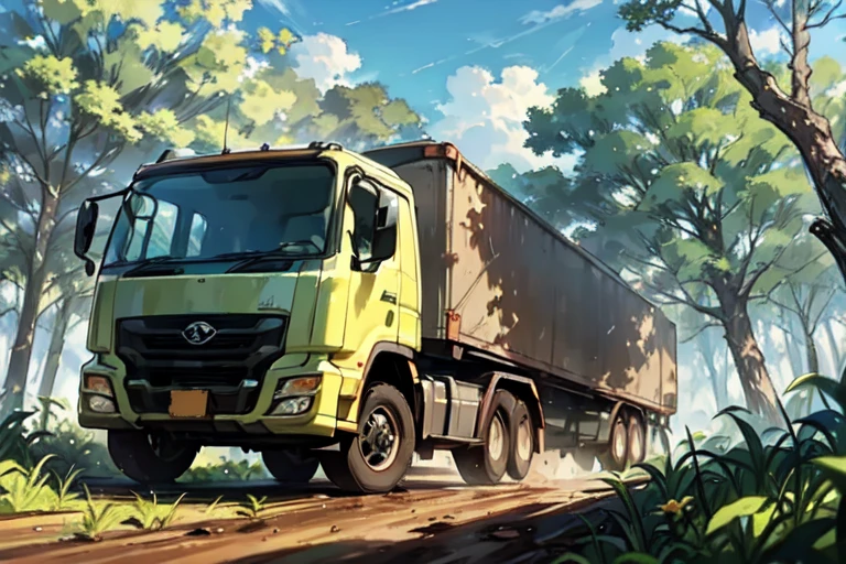 A massive, dirty semi-truck navigating a rugged off-road trail through a dense forest. The truck is centered in the frame, with towering trees on either side creating a narrow, enclosed feel. The truck's tires are caked with mud, and its exterior is covered in dirt and scratches, highlighting its toughness. The forest is lush and green, with dappled sunlight filtering through the canopy. The composition is tight, focusing on the truck's struggle through the challenging terrain. The action is dynamic, with the truck's wheels churning up mud as it advances.