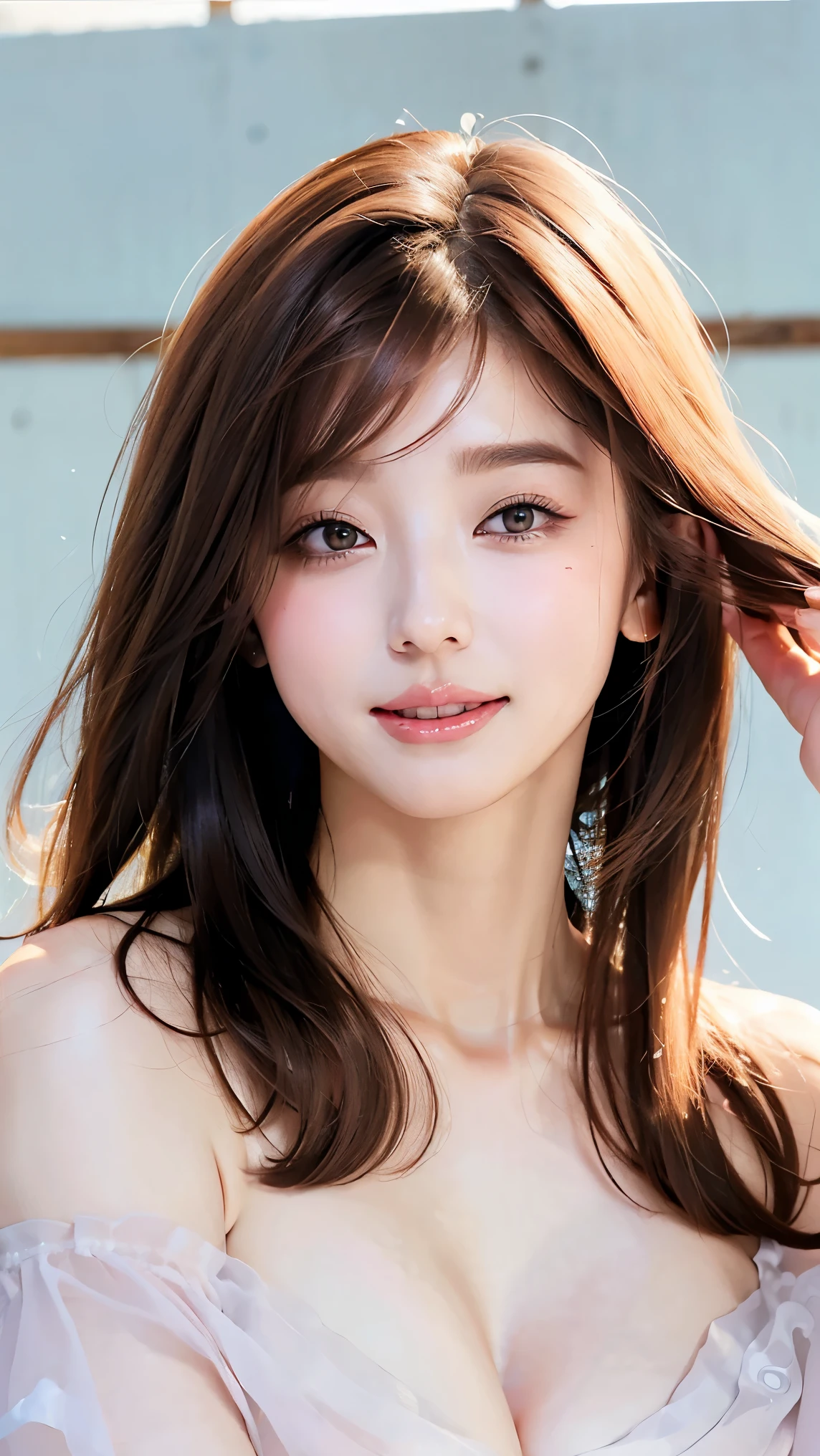  Beautiful Women、 straight hair 、((Brown Hair:1.2))、 upper body close-up、( hair that flutters like)、 long lashes、Big Eyes、Beautiful eye makeup、Beautiful Glossy Skin 、 cute smile with blush、 Off Shoulder Dress、(Dress like a goddess)、((Big Breasts:1.6))、 blue sky、 SEXY POSES