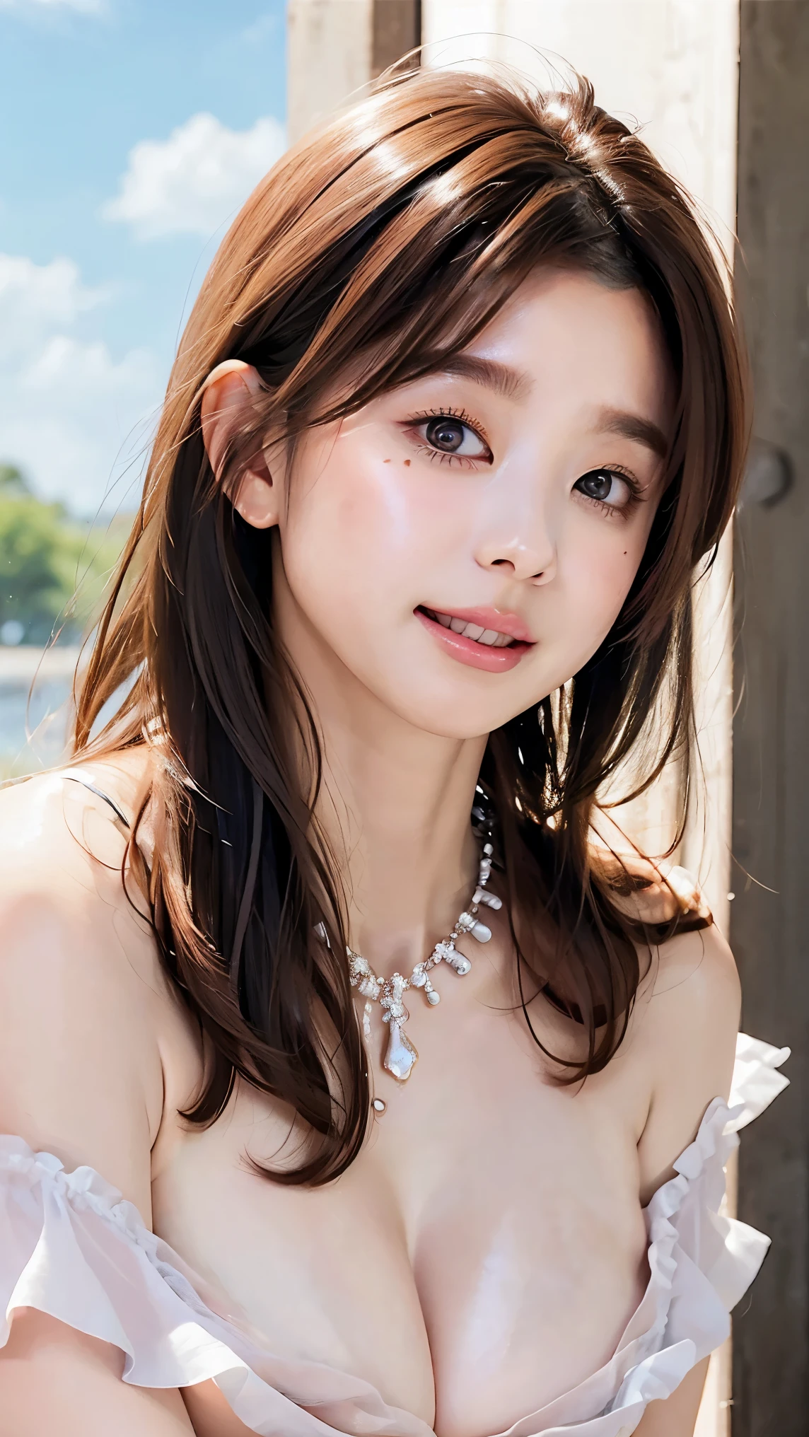  Beautiful Women、 straight hair 、((Brown Hair:1.2))、 upper body close-up、( hair that flutters like)、 long lashes、Big Eyes、Beautiful eye makeup、Beautiful Glossy Skin 、 cute smile with blush、Ruffled Off Shoulder Dress 、(Dress like a goddess)、((Big Breasts:1.6))、Gorgeous gemstone necklace、 blue sky、 SEXY POSES