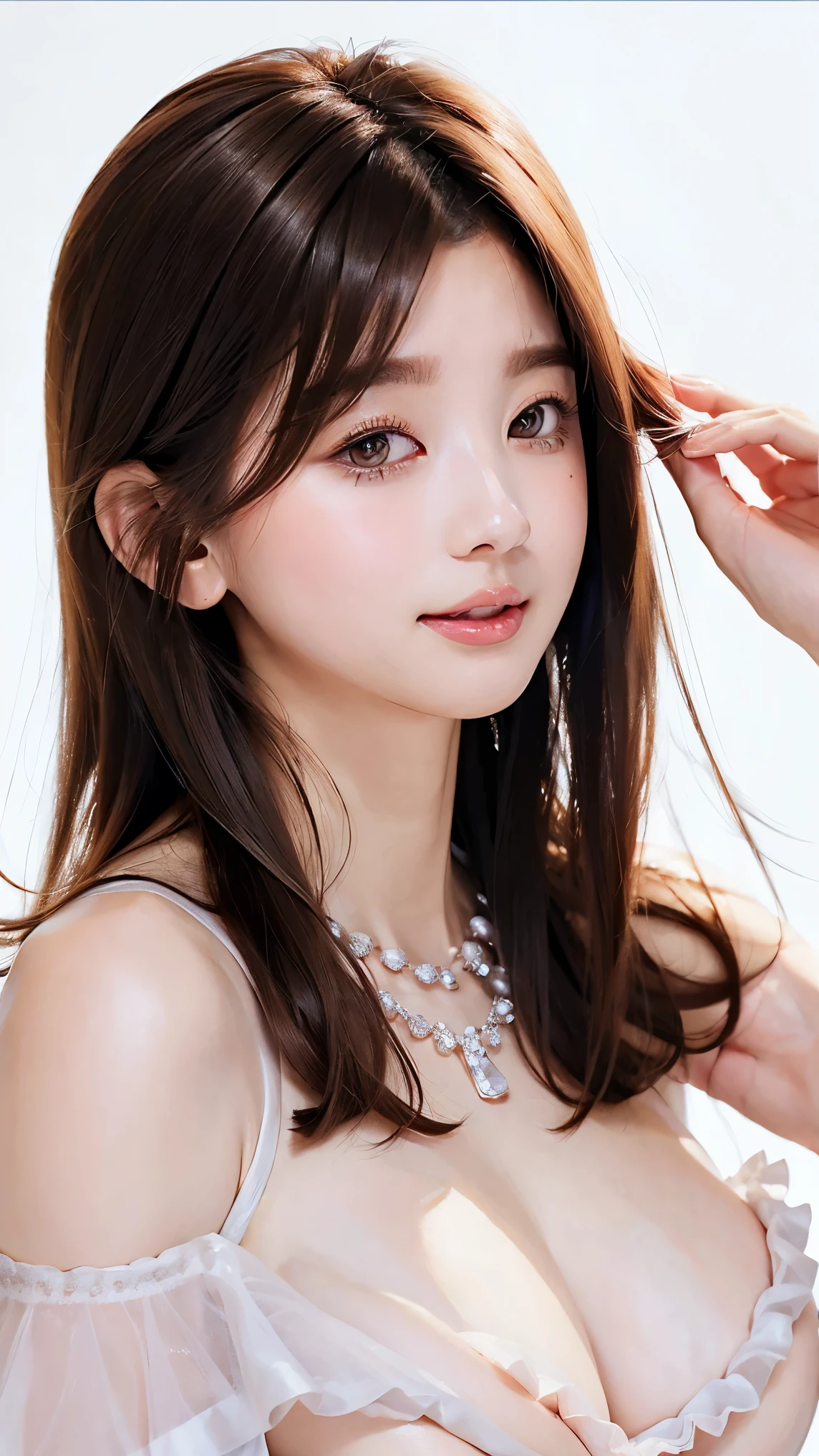  Beautiful Women、 straight hair 、((Brown Hair:1.2))、 upper body close-up、( hair that flutters like)、 long lashes、Big Eyes、Beautiful eye makeup、Beautiful Glossy Skin 、 cute smile with blush、Ruffled Off Shoulder Dress 、(Dress like a goddess)、((Big Breasts:1.6))、Gorgeous gemstone necklace、 simple white background 、 SEXY POSES