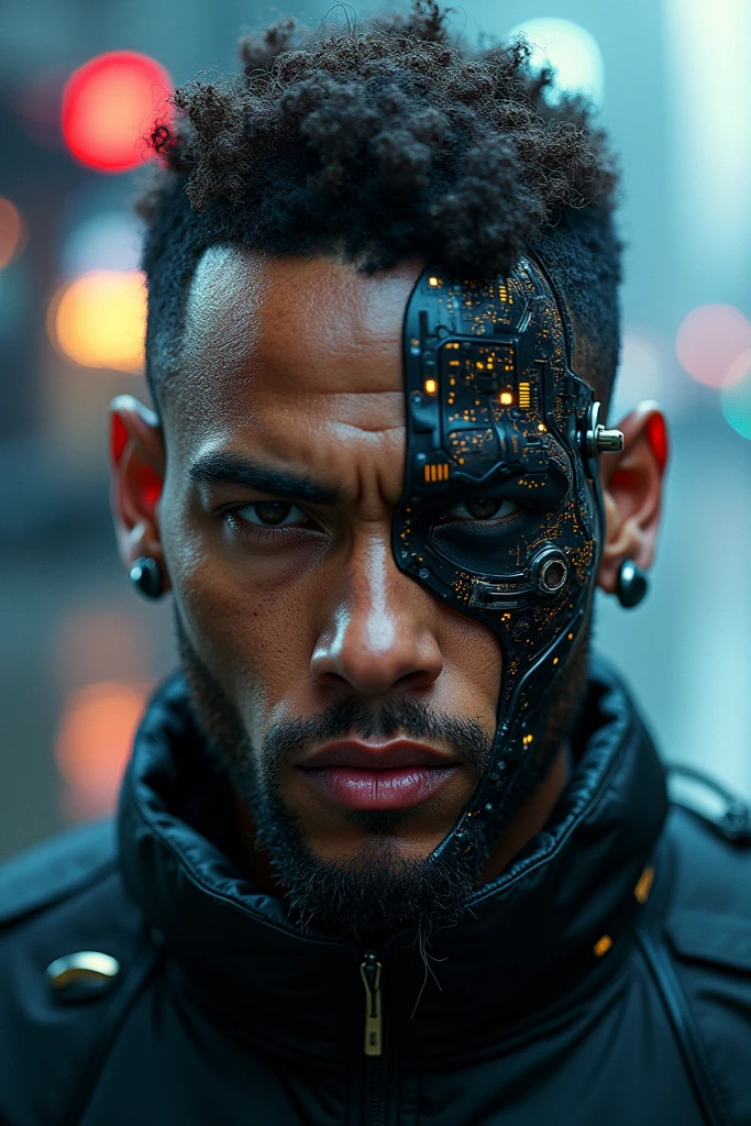 guttonerdjul23, half-body image of a fully technological cyborg, fios not place of blood vessels, robotic implants in the face, bionic eye, Artificial brain, body of metal and flesh. Reslist, intrikate, uhd