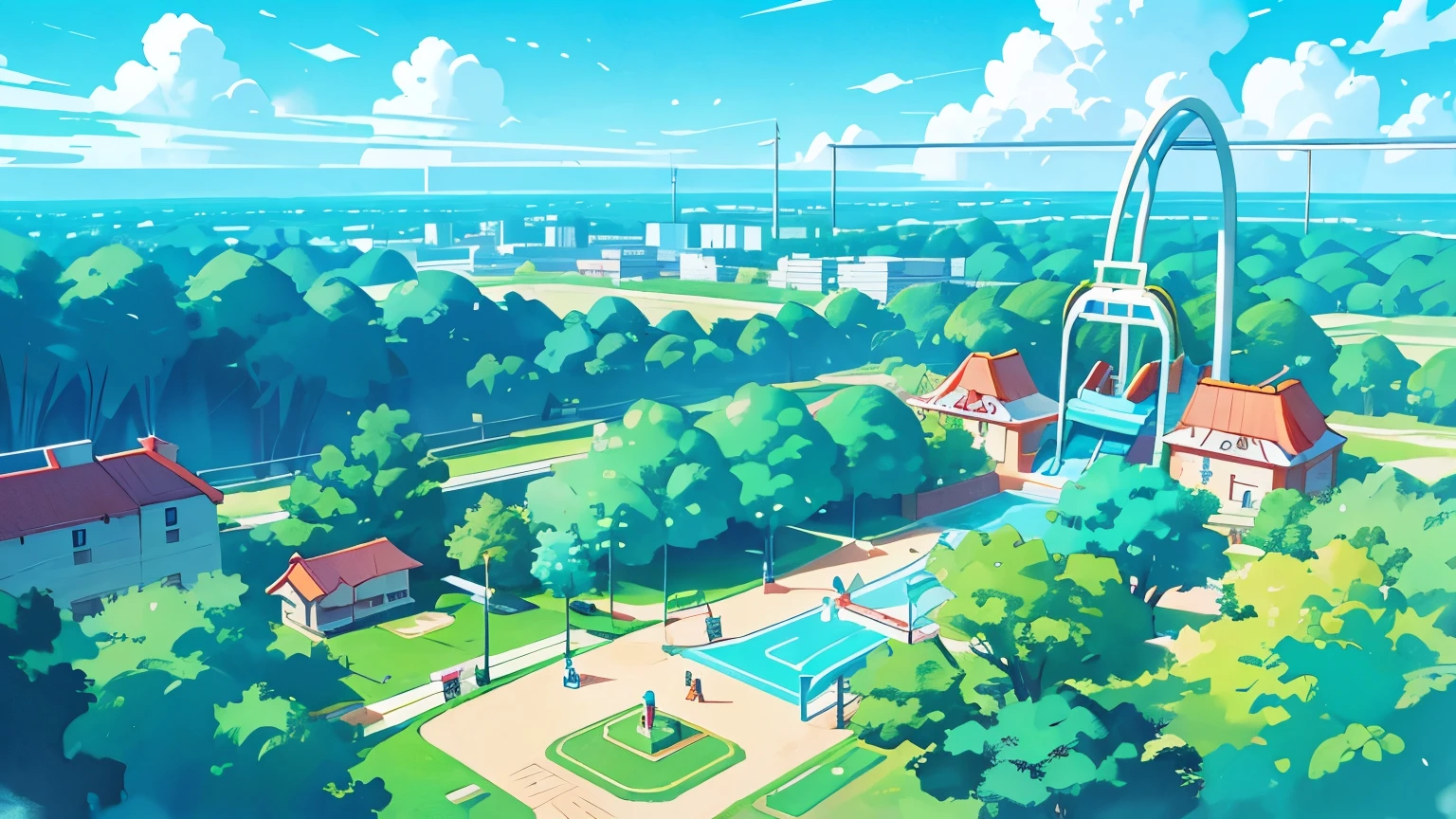 Aerial view of the park with slides and swings。 The ren playing look small。 blue sky。