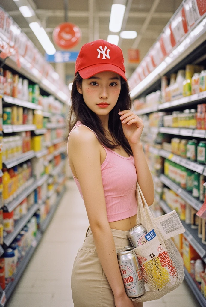 A photo of korean super model woman in shorts and a red rubber baseball cap, holding a bag full of Beer can in the korean supermarket store aisle, posted on Snapchat. She has freckles, brunette hair, a casual smirk, and is wearing a pink rubber tank top and a New York Yankees hat