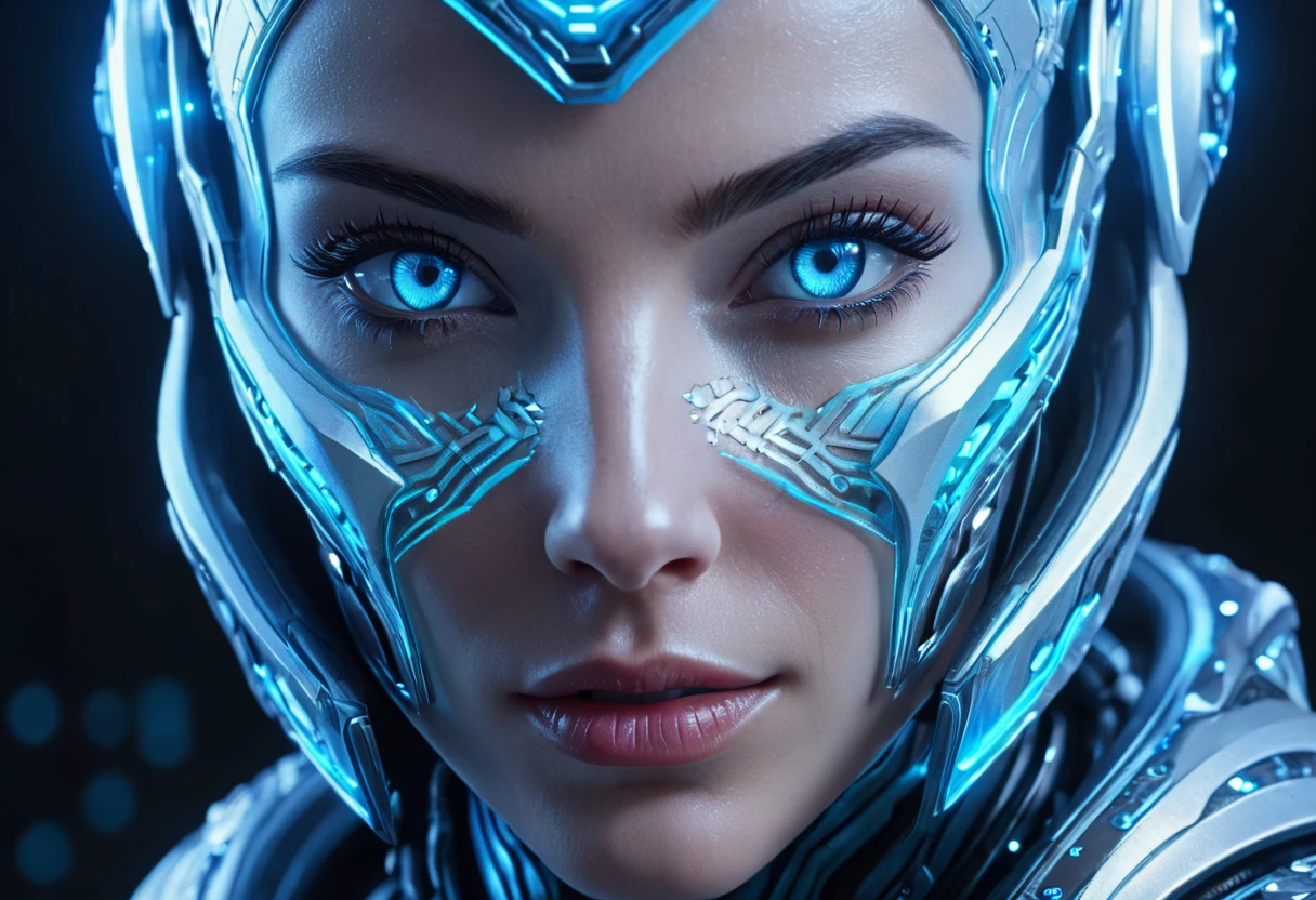 WOMAN&#39;S FACE powerful armor, sharp look,
Frost, calls, Perfect details, (The best quality, 4k,
High resolution, masterpiece:1.2), ultra detailed,
realistic:
1.37, HDR-10, Studio lighting, bright colors, (cyberpunk,
Futuristic) style, Ice Blue Color Scheme, dynamic lighting. MOD ULTRA FACE 8k laser eyes