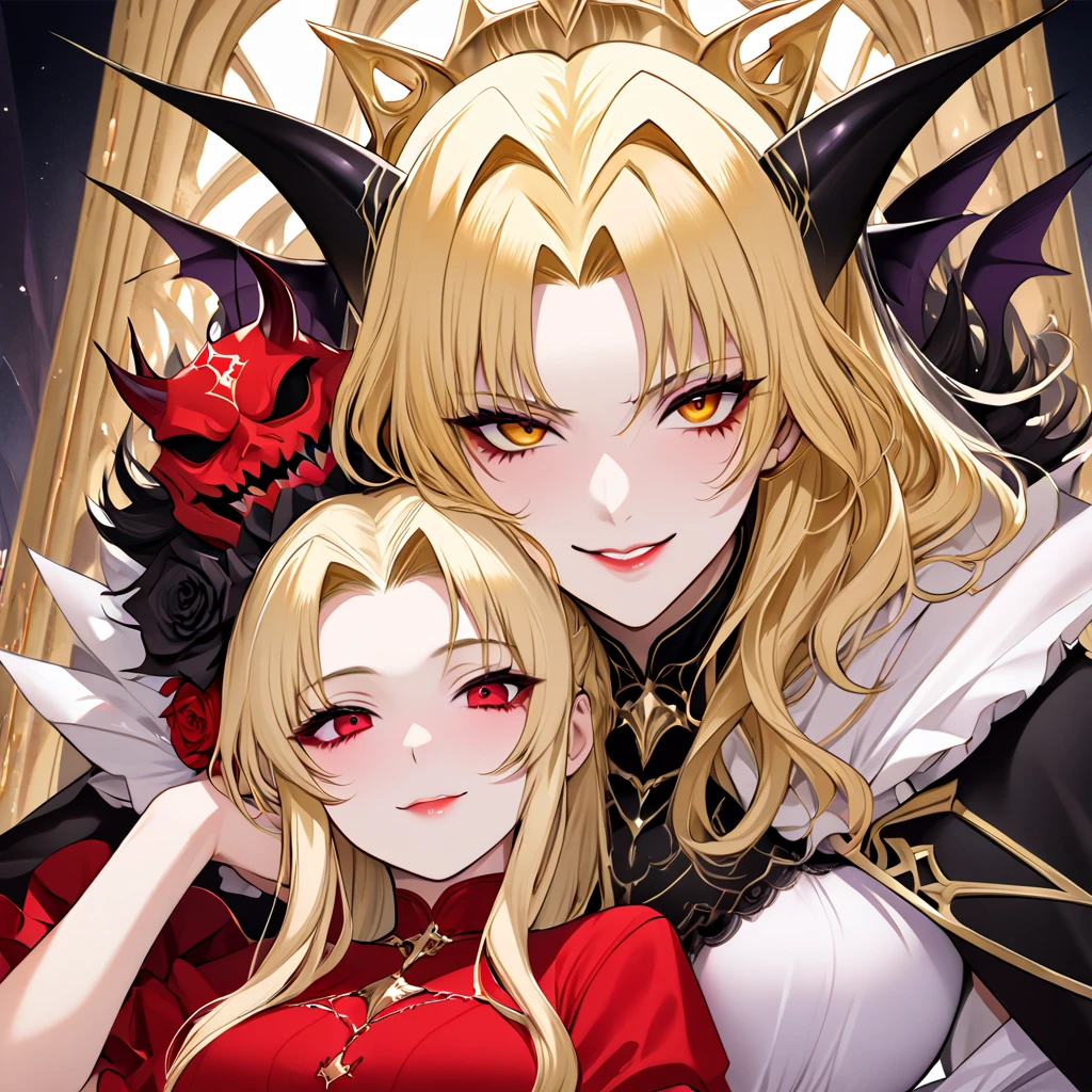 Wife, husband, daughter and baby、（((Women are１peopleだけ))）((best quality)), ((masterpiece)), (detailed), perfect face、Women areマジカルプリンセス、Holding and breastfeeding a baby、Earrings、Bracelet、necklace、Engagement Rings、Blonde、Feather hair ornament、Luxury accessories、Gorgeous tiara、Gold embroidery、（Black Veil）、The Demon Queen&#39;s Crown、（black luxury dress）、Women are大魔王妃、Women are１people、((Cuddling with a man))、Stay close to your husband、Family photo、（((４５With her husband of years１８Year Wife、５Year-old daughter and baby))）、Family Harmony、Marital harmony、((４５Toshio is the Great Demon King))、((５歳の少Women are娘))