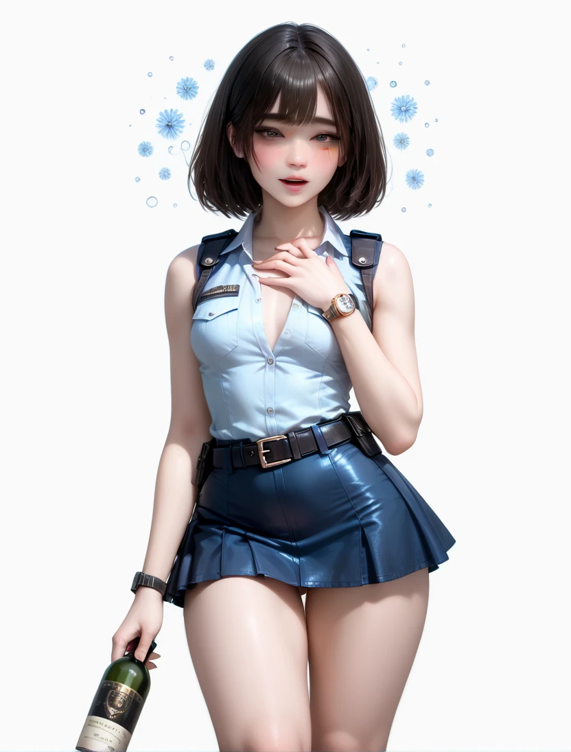  high resolution image ,  best quality , (A beautiful Korean girl is standing in a １Please describe a person ), ( open her mouth :0.6),(Drunk:1.2), super real skin,skinny body, small breasts,  shiny black hair ,((large round black eyes:1.3)),(( stares at viewers:1.0)),(( Unmanned White Background :1.5)),((Police belt with black holster on the waist:1.2)),((Watch on wrist:1.5)),  standing in an embarrassing pose,(( Cowboy Shots:1.8)),24K,(( place one hand on your chest:1.2)),(( sleeveless and super mini skirt police uniform 1.2)),Expose the thighs ,Expose your arms,Attractive thighs,((Please describe the knee:1.5)),((Holding a wine glass in one hand:1.0))