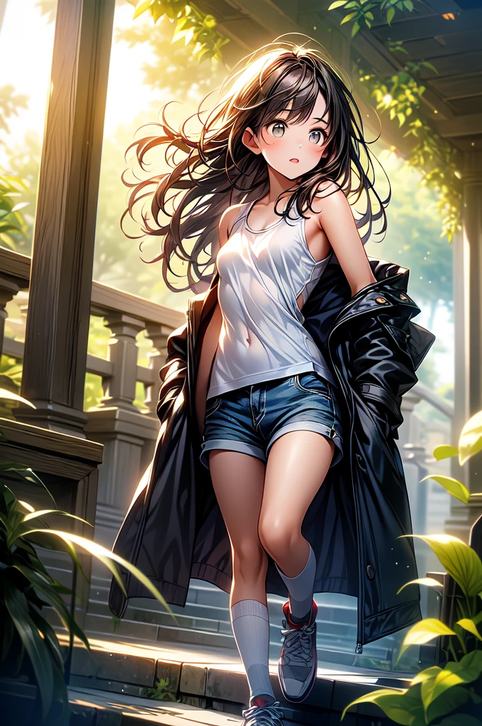  expressionless girl walking with a dagger, swept bangs, long sidelocks, brown hair, very long hair, brown eyes, toned arms, small breasts, ribbed white tank top, jean shorts, loose socks, sneakers, outdoors, garden, tropical plants, cobblestone, trees, pillars with teal banners, cathedral ruins, stained glass, dusk, sweat, ( better quality , high resolution,  full coat), oil painting:1.1, ( vibrant colors, Soft lighting), (detailed eyes,  Detailed lips ).
