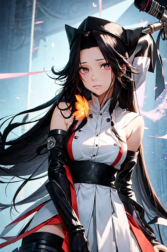 Anime girl with long black hair and eyes wearing a black hat,  anime style character ,  realistic anime art style, Akali,  semi-realistic anime style ,  anime styleに,  flat anime style shading ,  anime character who stands up on one leg,  anime style,   anime style portrait  ,  anime tribal boy long hair ,  realistic anime style , as an  anime character who stands up on one leg,  ( assessing )