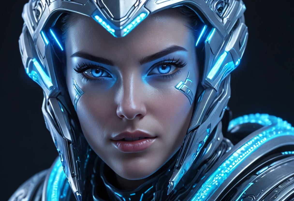 WOMAN&#39;S FACE powerful armor, sharp look,
Frost, calls, Perfect details, (The best quality, 4k,
High resolution, masterpiece:1.2), ultra detailed,
realistic:
1.37, HDR-10, Studio lighting, bright colors, (cyberpunk,
Futuristic) style, Ice Blue Color Scheme, dynamic lighting. MOD ULTRA FACE 8k laser eyes