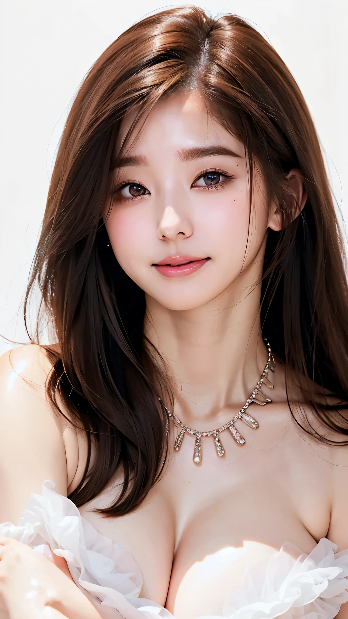  Beautiful Women、 straight hair 、((Brown Hair:1.2))、 upper body close-up、( hair that flutters like:1.2)、 long lashes、Big Eyes、Beautiful eye makeup、Beautiful Glossy Skin 、 cute smile with blush、 Fluffy Fur Dress、Goddess Style 、((Big Breasts:1.6))、Gorgeous gemstone necklace、 simple white background 、 SEXY POSES