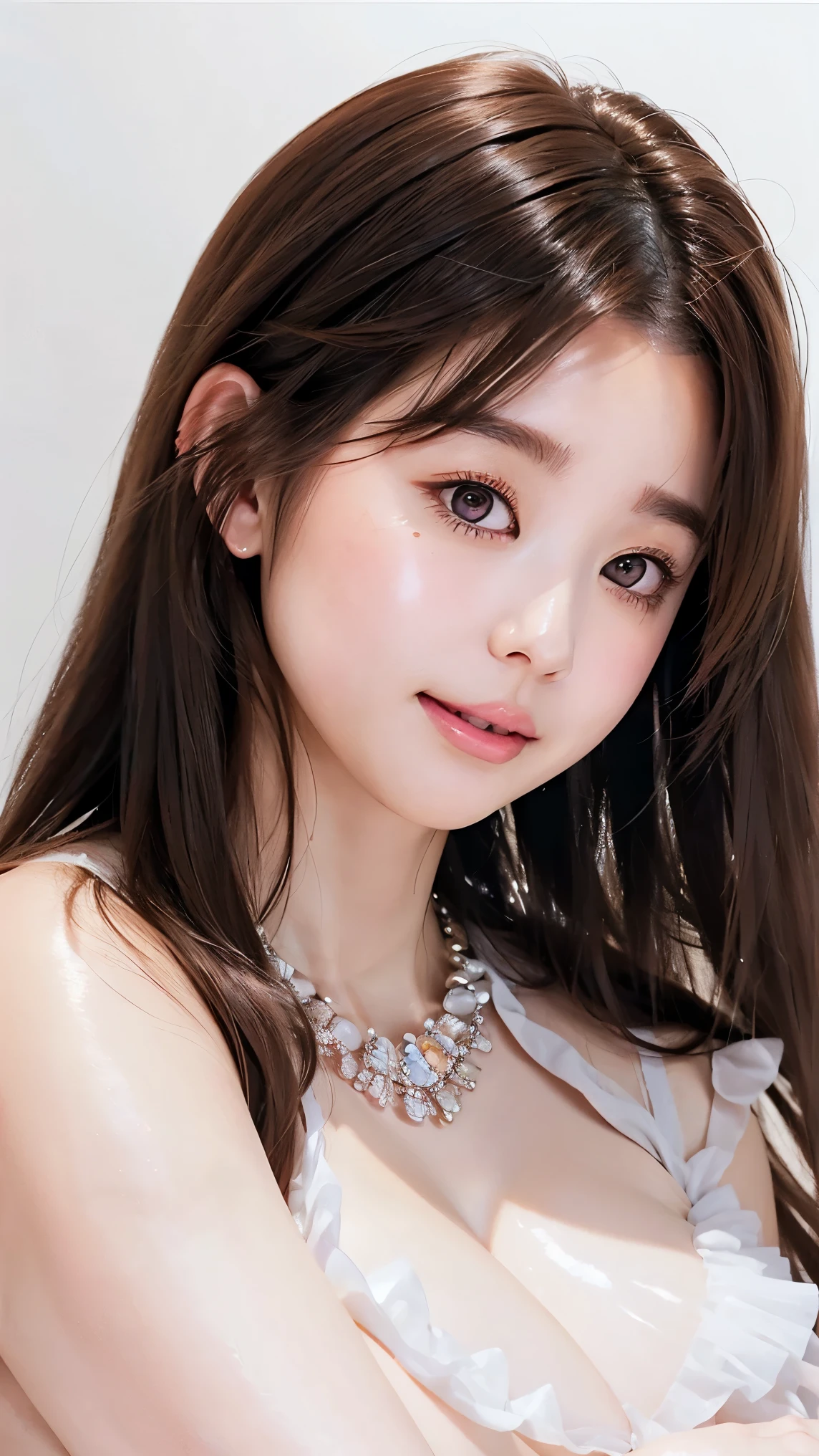  Beautiful Women、 straight hair 、((Brown Hair:1.2))、 upper body close-up、( hair that flutters like:1.2)、 long lashes、Big Eyes、Beautiful eye makeup、Beautiful Glossy Skin 、 cute smile with blush、 Fluffy Fur Dress、Goddess Style 、((Big Breasts:1.6))、Gorgeous gemstone necklace、 simple white background 、 SEXY POSES