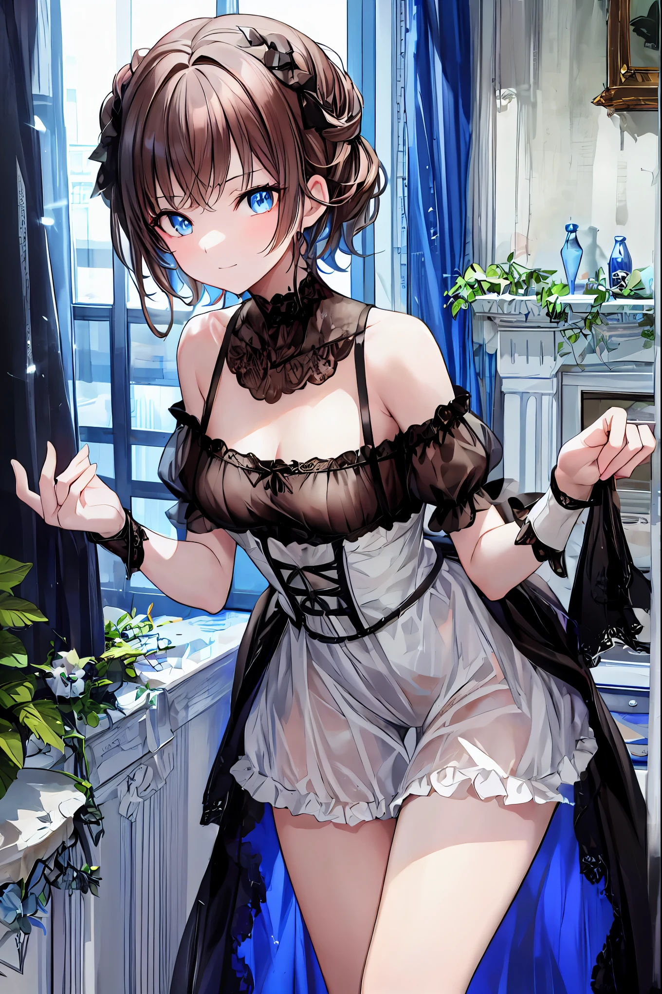 (masterpiece), woman,Frilled maid outfit, Small breasts,Natural light, Realistic, Diffuse Light, skinny, vapor, (Please lift your skirt), (urination), With a smile.garter belt,Lace Stockings,Long nipples,Areola,See-through bra, Fellatio gestures,Frill apron