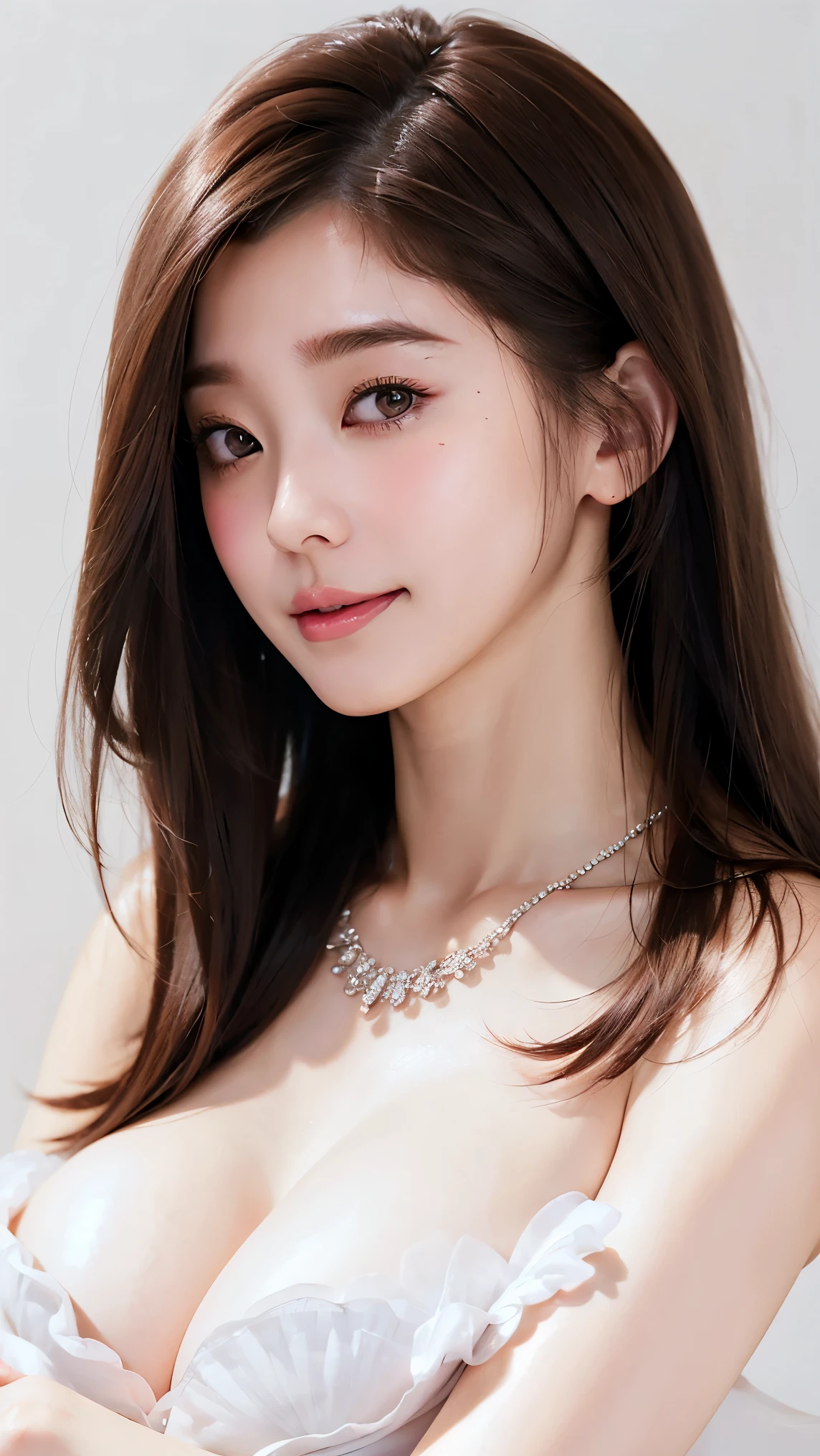  Beautiful Women、 straight hair 、((Brown Hair:1.2))、 upper body close-up、( hair that flutters like:1.2)、 long lashes、Big Eyes、Beautiful eye makeup、Beautiful Glossy Skin 、 cute smile with blush、 Fluffy Fur Dress、Goddess Style 、((Big Breasts:1.6))、Gorgeous gemstone necklace、 simple white background 、 SEXY POSES