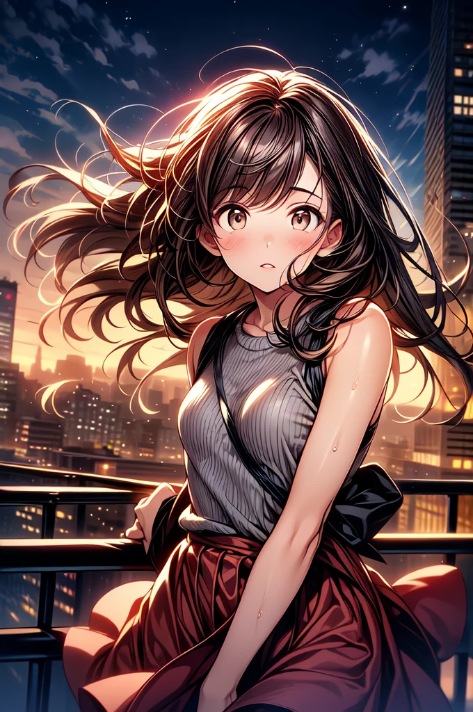 1girl, sad, head tilt, beautiful face, toned arms, hand in hair, small breasts, swept bangs, long sidelocks, brown hair, very long hair, hair blowing in wind, brown eyes, looking down, ribbed white sleeveless sweater, dark red skirt, dusk, on top of building, dusk, clouds, city in background, city lights, sea in distance, hair blowing in wind, sweat, ( better quality , high resolution), oil painting:1.1, ( vibrant colors, Soft lighting), (detailed eyes,  Detailed lips ).
