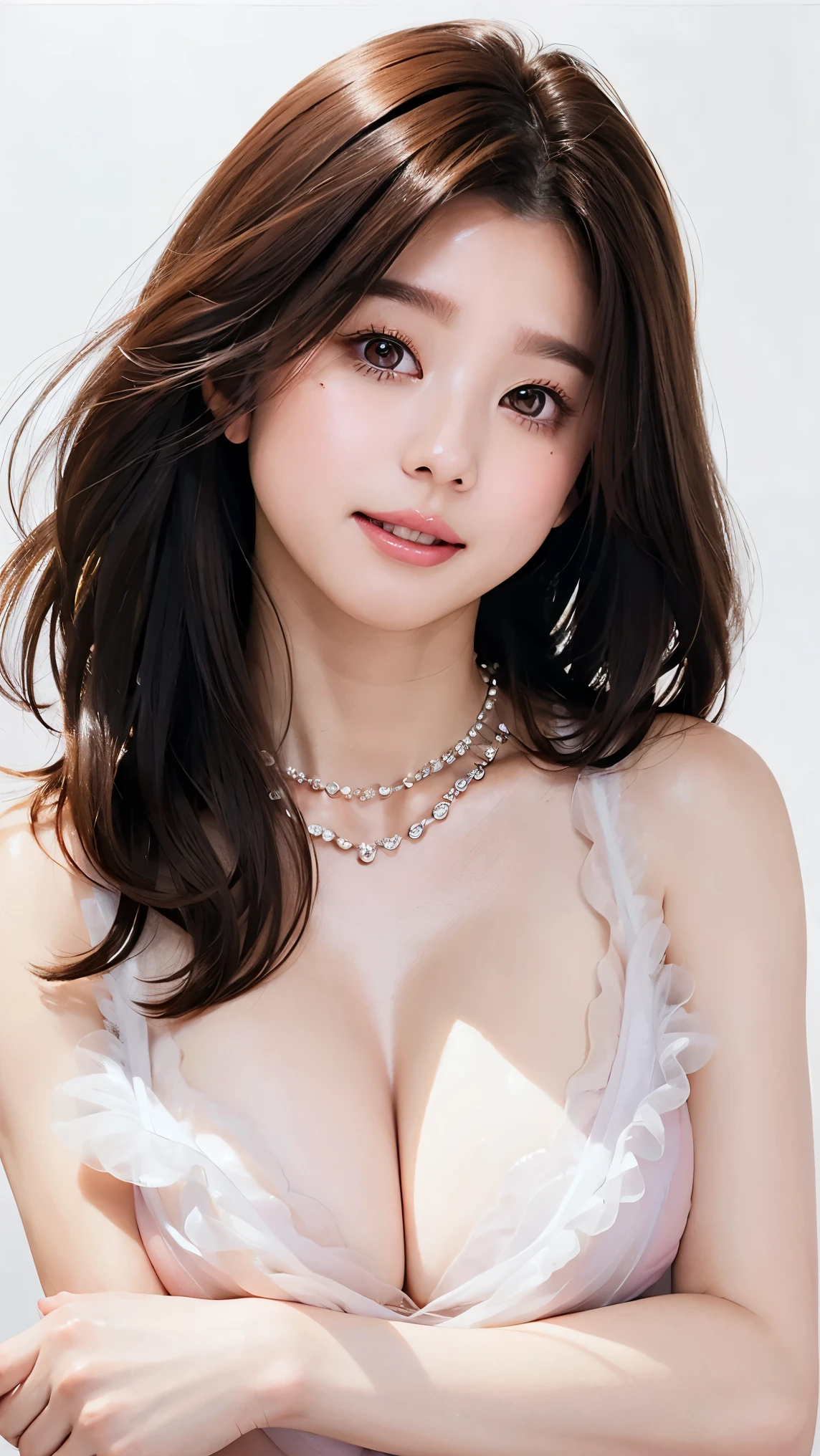  Beautiful Women、 straight hair 、((Brown Hair:1.2))、 upper body close-up、( hair that flutters like:1.2)、 long lashes、Big Eyes、Beautiful eye makeup、Beautiful Glossy Skin 、 cute smile with blush、 Fluffy Fur Dress、Goddess Style 、((Big Breasts:1.6))、Gorgeous gemstone necklace、 simple white background 、 SEXY POSES