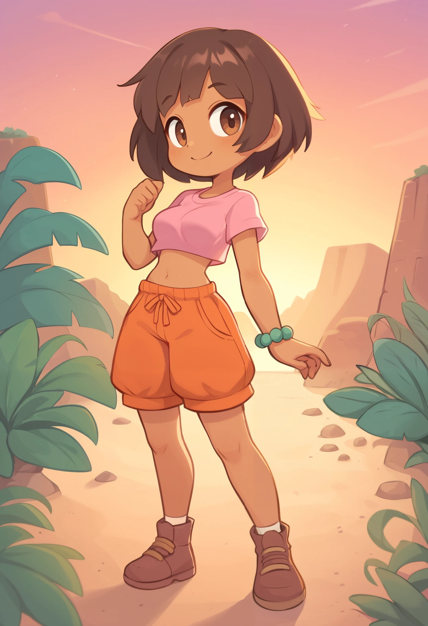 Small girl, dark brown hair, bob cut hair, puffy hair, big hair, thick hair, bangs, dark tan skin, Latina girl, brown eyes, desert ruins, lizards on ground, sunset, pink t shirt, orange shorts, bead bracelet, smiling, normal breasts, bare midriff, slender body, thin waist, cute,