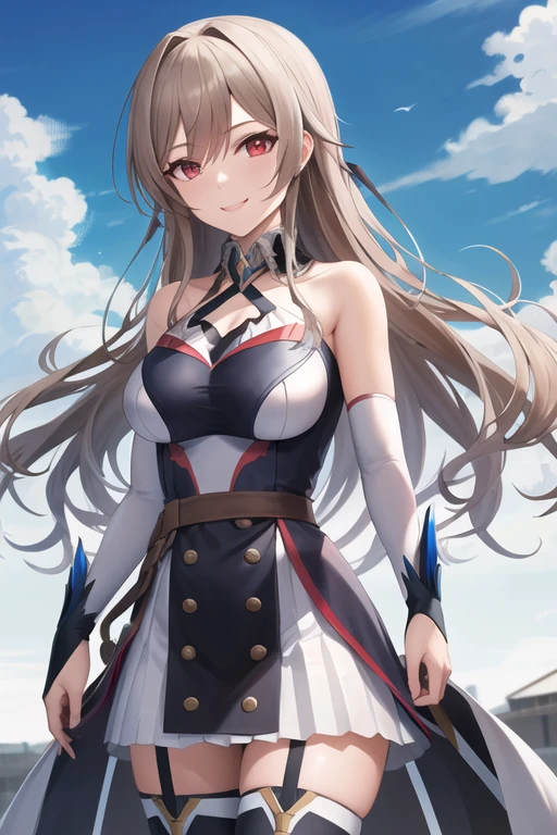 masterpiece,  best quality,  high definition , Fel 1,  Bridal Gauntlet,  black thigh high socks ,  bare shoulders, belt, ガーターbelt,  white dress,  elbow gloves, Outdoor,  cowboy shooting alone, Wavy, smile