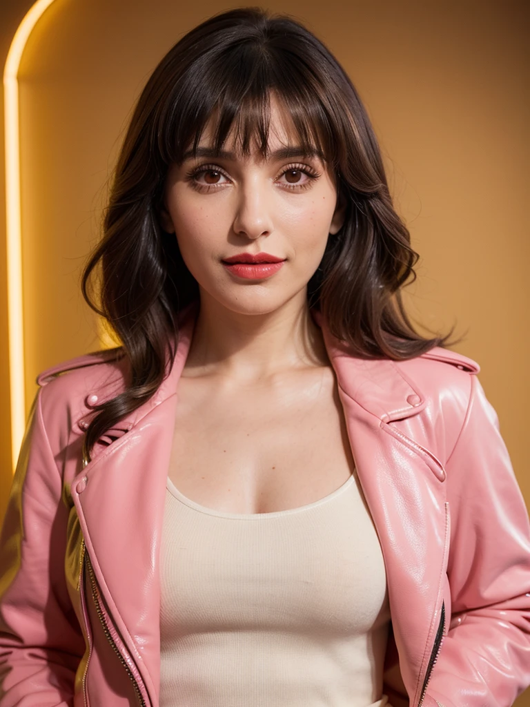  Photorealistic portrait, Armenian woman with cascading brown hair with bangs, half-body capture, genuine smile showcases warmth and cheerfulness, skin aglow with sensitivity, face delicately touched by soft make-up and radiant red lipstick, attired in neon pink leather jacket complementing her silhouette, paired with sleek skinny trousers and classic riding boots, accented by a tender scarf.