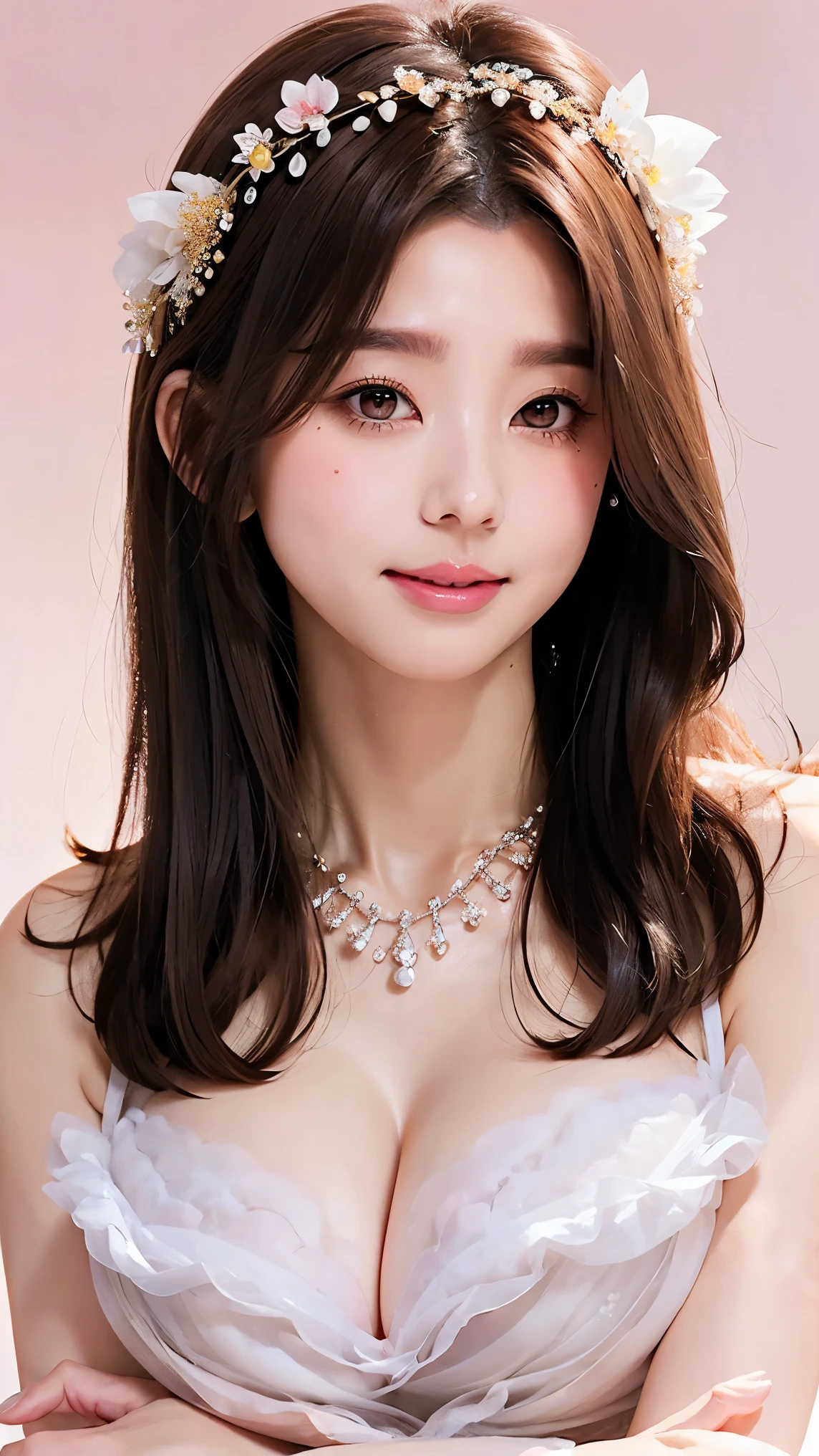  Beautiful Women、 straight hair 、((Brown Hair:1.2))、 upper body close-up、( hair that flutters like:1.2)、 long lashes、Big Eyes、Beautiful eye makeup、Beautiful Glossy Skin 、 cute smile with blush、 Fluffy Fur Dress、Goddess Style 、((Big Breasts:1.6))、Gorgeous gemstone necklace、Flower crown、 simple pink background、 SEXY POSES