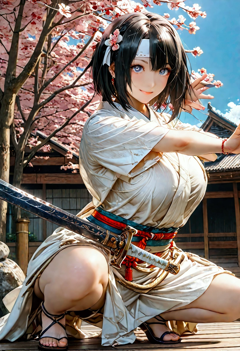 (((1 Japanese female))),(((Old Japanese Female Warrior )))、(((Female warlord)))、(((Warrior Princess)))、(((War Goddess)))、(((((古い日本の鎧)))))、(((((Clothing)))))、((( black hair)))、((( Short Hair )))、(((White headband)))、((( waving Japanese swords ))),(((Squat)))、(((smile)))、((( look up )))、(((Frowning)))、(((Sharp Eyes)))、((( painful expression)))、(((blue sky)))、(((cherry blossoms)))、((( Japan's Warring States Period)))、「 best quality、masterpiece、  illustration without a face 、 very delicate and beautiful、 very detailed、CG、8k wallpaper、 amazing、 details、masterpiece、最高の究極の芸術 very detailed CG Unity 8k wallpaper」、(Dynamic picture )、Huge Breast