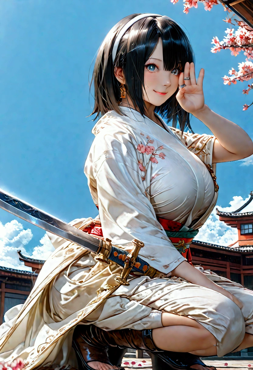 (((1 Japanese female))),(((Old Japanese Female Warrior )))、(((Female warlord)))、(((Warrior Princess)))、(((War Goddess)))、(((((古い日本の鎧)))))、(((((Clothing)))))、((( black hair)))、((( Short Hair )))、(((White headband)))、((( waving Japanese swords ))),(((Squat)))、(((smile)))、((( look up )))、(((Frowning)))、(((Sharp Eyes)))、((( painful expression)))、(((blue sky)))、(((cherry blossoms)))、((( Japan's Warring States Period)))、「 best quality、masterpiece、  illustration without a face 、 very delicate and beautiful、 very detailed、CG、8k wallpaper、 amazing、 details、masterpiece、最高の究極の芸術 very detailed CG Unity 8k wallpaper」、(Dynamic picture )、Huge Breast