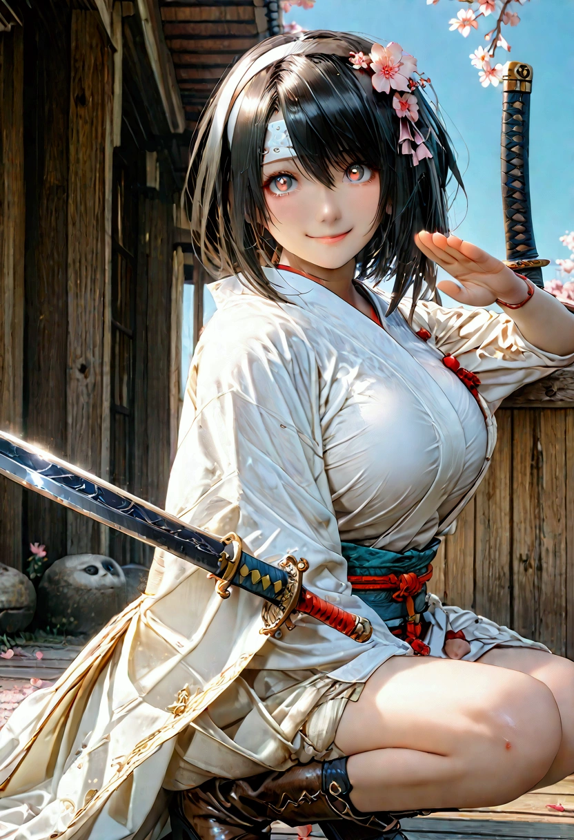 (((1 Japanese female))),(((Old Japanese Female Warrior )))、(((Female warlord)))、(((Warrior Princess)))、(((War Goddess)))、(((((古い日本の鎧)))))、(((((Clothing)))))、((( black hair)))、((( Short Hair )))、(((White headband)))、((( waving Japanese swords ))),(((Squat)))、(((smile)))、((( look up )))、(((Frowning)))、(((Sharp Eyes)))、((( painful expression)))、(((blue sky)))、(((cherry blossoms)))、((( Japan's Warring States Period)))、「 best quality、masterpiece、  illustration without a face 、 very delicate and beautiful、 very detailed、CG、8k wallpaper、 amazing、 details、masterpiece、最高の究極の芸術 very detailed CG Unity 8k wallpaper」、(Dynamic picture )、Huge Breast