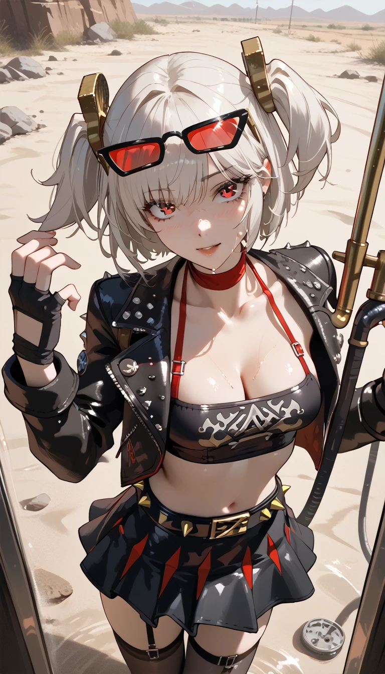  1girl,One,_ZZZ,  Short hair,  short double tails,  hair ornament ,  facing the viewer ,  sunglasses, on the head , очень sexуальная, in the desert, занимается sexом, sex, sexуальная поза, naked, outdoor shower ,  facing the viewer , in front of the guy,  rolls his eyes ,  looking at the viewer , erotica,  ulybka,  correct anatomy 1.1., detailed hands, fingers in detail, face in detail,  beautiful slender legs, mini skirt,  leans forward , wasteland,  view from above , White,  Short hair,  short double tails,  hair ornament  ,  sunglasses, on the head  ,  red halterneck , black top pipe ,  short-top top ,  CLEAVAGE , life , black jacket,  fingerless gloves, studded belt , black skirt,  red hip straps,  black stockings,score_9, score_8_up, score_7_up, score_6_up, score_5_up, score_4_up,