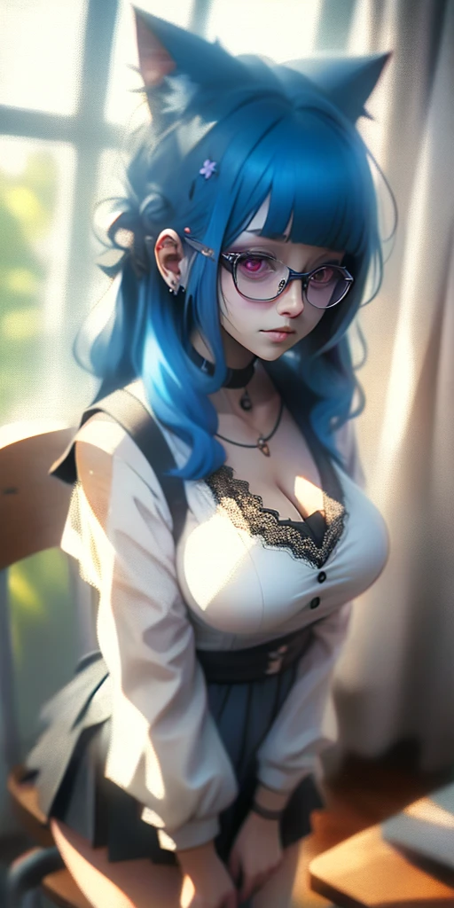 1girl, bangs, blue hair, blurry background, breasts, cleavage, depth of field, glasses, large breasts, looking at viewer,mole on breast, multicolored hair, short hair, solo, v
