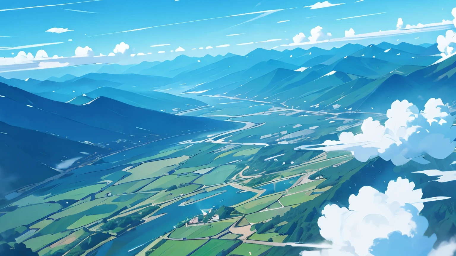 Aerial view of mountains and rivers。cloud、 blue sky