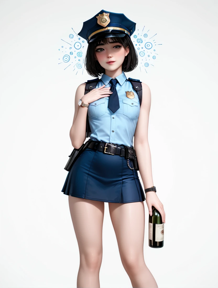  high resolution image ,  best quality , (A beautiful Korean girl is standing in a １Please describe a person ), (I hiccup in a loud voice:1.2),(Drunk:1.2), super real skin,skinny body, small breasts,  shiny black hair ,((large round black eyes:1.3)),(( stares at viewers:1.0)),(( Unmanned White Background :1.5)),((Police belt with black holster on the waist:1.2)),((Watch on wrist:1.5)),  standing in an embarrassing pose,(( Cowboy Shots:1.8)),24K,(( place one hand on your chest:1.2)),(( sleeveless and super mini skirt police uniform 1.2)),Expose the thighs ,Expose your arms,Attractive thighs,((Please describe the knee:1.5)),((Holding a wine glass in one hand:1.0))