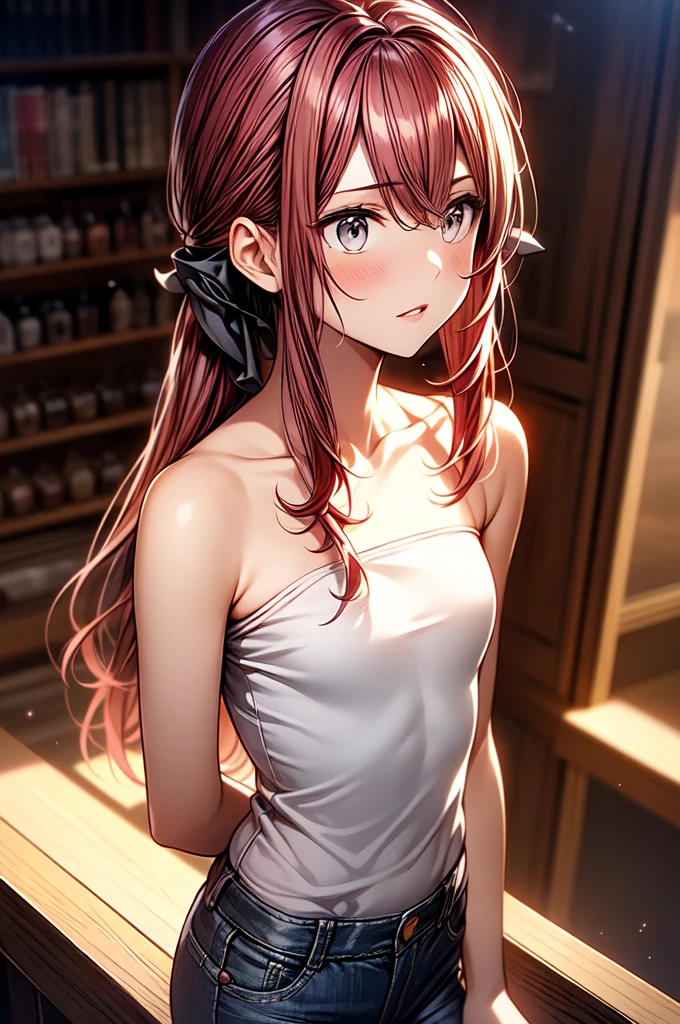 thin, 1 expressionless girl, stoic, looking to the side, beautiful face, Gray eyes, red hair, swept bangs, low twin tails, hair ribbons, gray strapless tank top with white trim, black jeans, small breasts, toned arms, ( better quality , high resolution), oil painting:1.1, ( vibrant colors, Soft lighting), (detailed eyes, Detailed lips ).