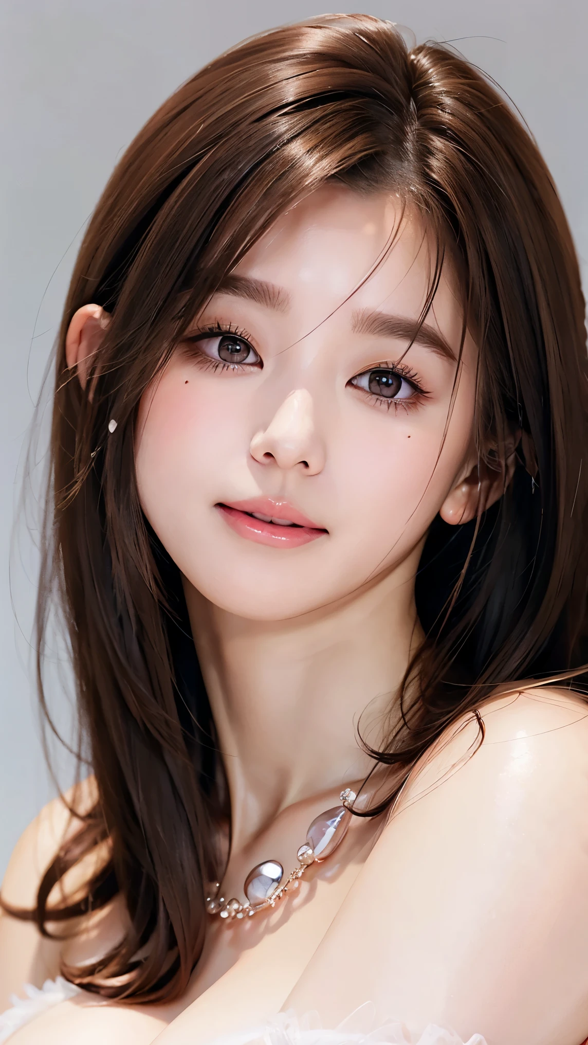  Beautiful Women、 straight hair 、((Brown Hair:1.2))、 upper body close-up、( hair that flutters like:1.2)、 long lashes、Big Eyes、Beautiful eye makeup、Beautiful Glossy Skin 、 cute smile with blush、 Fluffy Fur Dress、Goddess Style 、((Big Breasts:1.6))、Gorgeous gemstone necklace、 simple background、 SEXY POSES