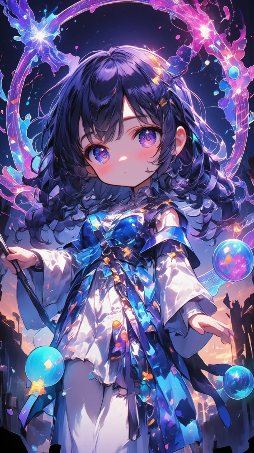 （masterpiece、 High Quality 、High image quality、4K、8k、 Details）、 Magic bubbles from a magic wand held by a cute wizard girl（ Glowing bubbles of various sizes in rainbow colors ） is on 、 Magical bubbles that surround girls by drawing spirals 、 Magic Circle that shines in the sky 、Integrated CG wallpaper 、