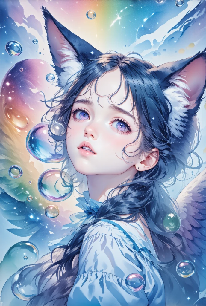 Super high resolution, angel, poet, cat ears, highlights, look up, colorful bubbles, Monet style, broken dreams, long hair, gothic style, lolita style, Magazine cover,line drawing